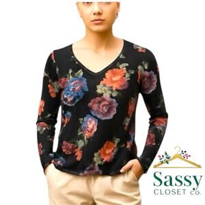 Soft Surroundings Black Floral V‑Neck Blouse Relaxed Fit Long Sleeve XS Made USA